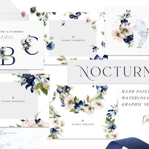 Nocturne - Watercolor Graphic Set, Navy and Blush Wreath, Watercolor Moon Compositions, Moon Phases, Navy Blush Ampersand, Alphabet
