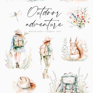 K&ouml;nnte beinhalten: Aquarell-Clipart-Set mit einer Fensteransicht einer Berglandschaft, einem Wanderer mit Rucksack, einem Eichh&ouml;rnchen, einem Hut, einem Rucksack und einem Wildblumenstrau&szlig;. Der Text "Outdoor adventure watercolor clipart set" ist im Bild enthalten.
