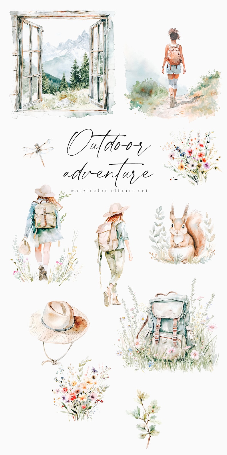 K&ouml;nnte beinhalten: Aquarell-Clipart-Set mit einer Fensteransicht einer Berglandschaft, einem Wanderer mit Rucksack, einem Eichh&ouml;rnchen, einem Hut, einem Rucksack und einem Wildblumenstrau&szlig;. Der Text "Outdoor adventure watercolor clipart set" ist im Bild enthalten.