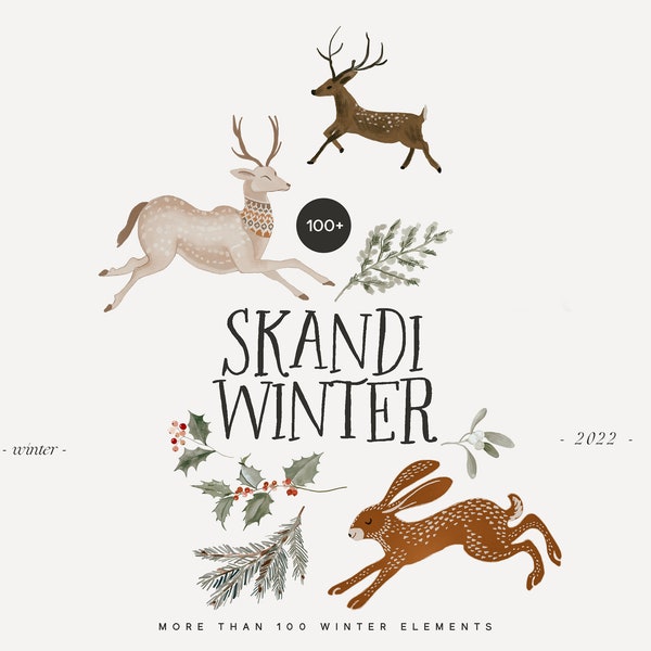 Collezione natalizia scandinava - Inverno popolare - Natale acquerello - Natale neutro - Clipart invernale - Skandi - Elementi Hygee