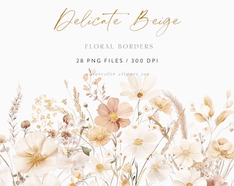 Imágenes prediseñadas de bordes florales en acuarela, flores de prado beige (PNG, PDF)