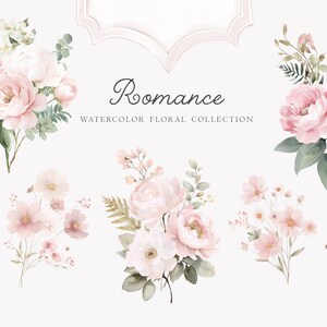 May include: Watercolor floral collection featuring bouquets of pink and white roses, peonies, and other flowers with green foliage. The word "Romance" is written in cursive, with "Watercolor Floral Collection" below.