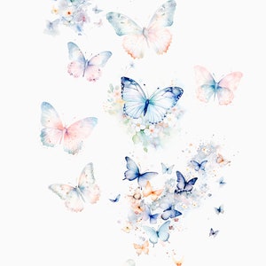 May include: Watercolor painting of multicolored butterflies with a white background. The butterflies are in various shades of blue, pink, and orange. The text "multicolored BUTTERFLIES" is at the top of the image.