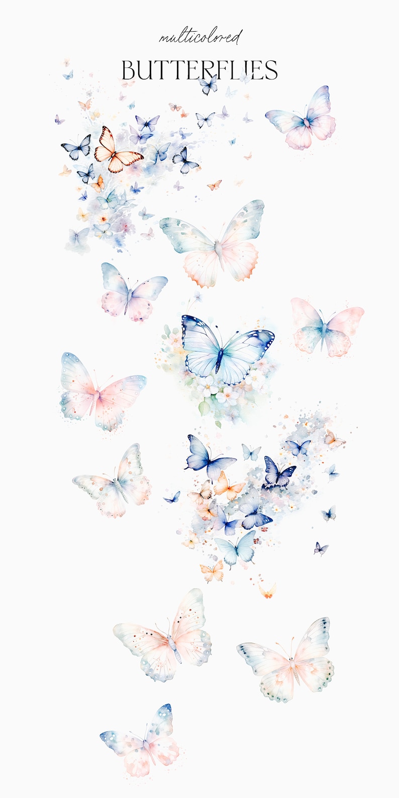 May include: Watercolor painting of multicolored butterflies with a white background. The butterflies are in various shades of blue, pink, and orange. The text "multicolored BUTTERFLIES" is at the top of the image.