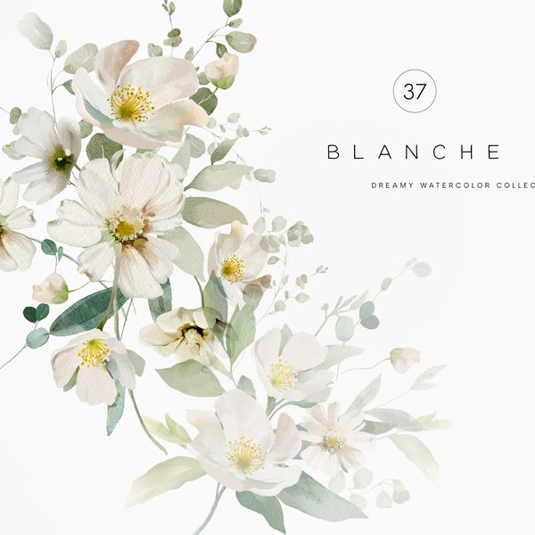 Clipart Floral aquarelle, fleurs blanches, Clipart Floral neutre, couronne de fleurs blanches, cadre Floral, Arrangements préfabriqués, Clipart de mariage