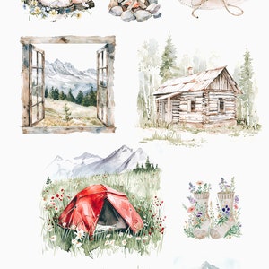 K&ouml;nnte beinhalten: Aquarell-Clipart-Set mit Elementen f&uuml;r Outdoor-Abenteuer, darunter ein Paar Wanderschuhe, ein Lagerfeuer, ein Cowboyhut mit Blumen, ein Fensterblick auf eine Berglandschaft, eine Holzh&uuml;tte, ein rotes Zelt, ein Paar Stiefel mit Blumen, ein Wegweiser mit Pfeilen und ein gr&uuml;nes Zelt.