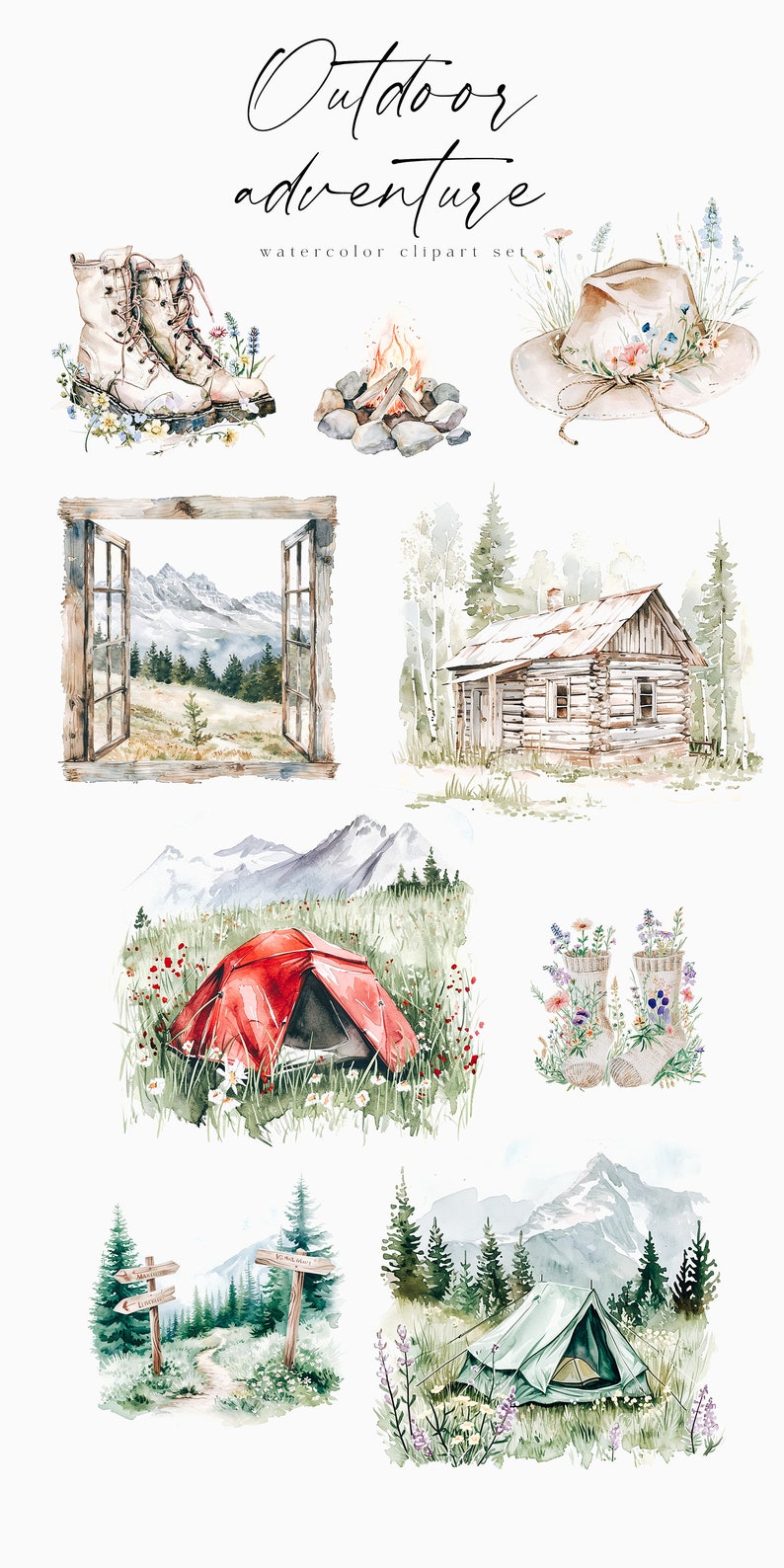 K&ouml;nnte beinhalten: Aquarell-Clipart-Set mit Elementen f&uuml;r Outdoor-Abenteuer, darunter ein Paar Wanderschuhe, ein Lagerfeuer, ein Cowboyhut mit Blumen, ein Fensterblick auf eine Berglandschaft, eine Holzh&uuml;tte, ein rotes Zelt, ein Paar Stiefel mit Blumen, ein Wegweiser mit Pfeilen und ein gr&uuml;nes Zelt.