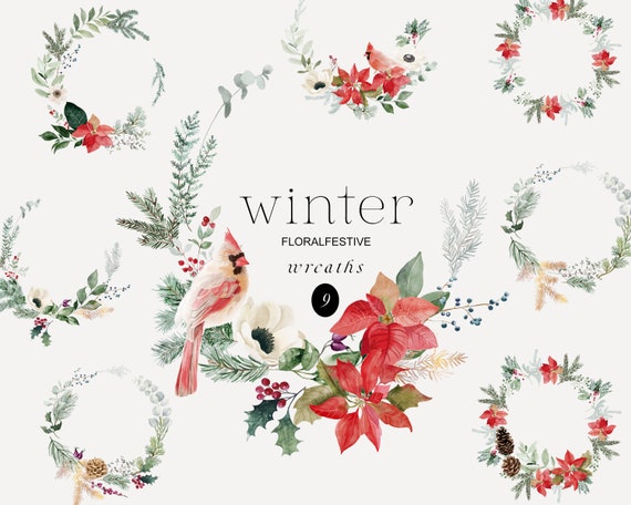 Winter Greenery, Single Watercolour Wreath Clipart, Winter Wreath, Pine  Cone Branch Wreath, Christmas Wreath, Watercolour Antlers