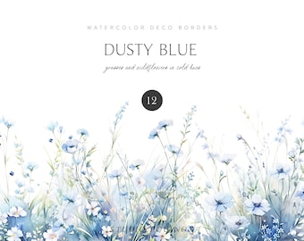 Watercolor Dusty Blue Floral Clipart Borders (PNG)