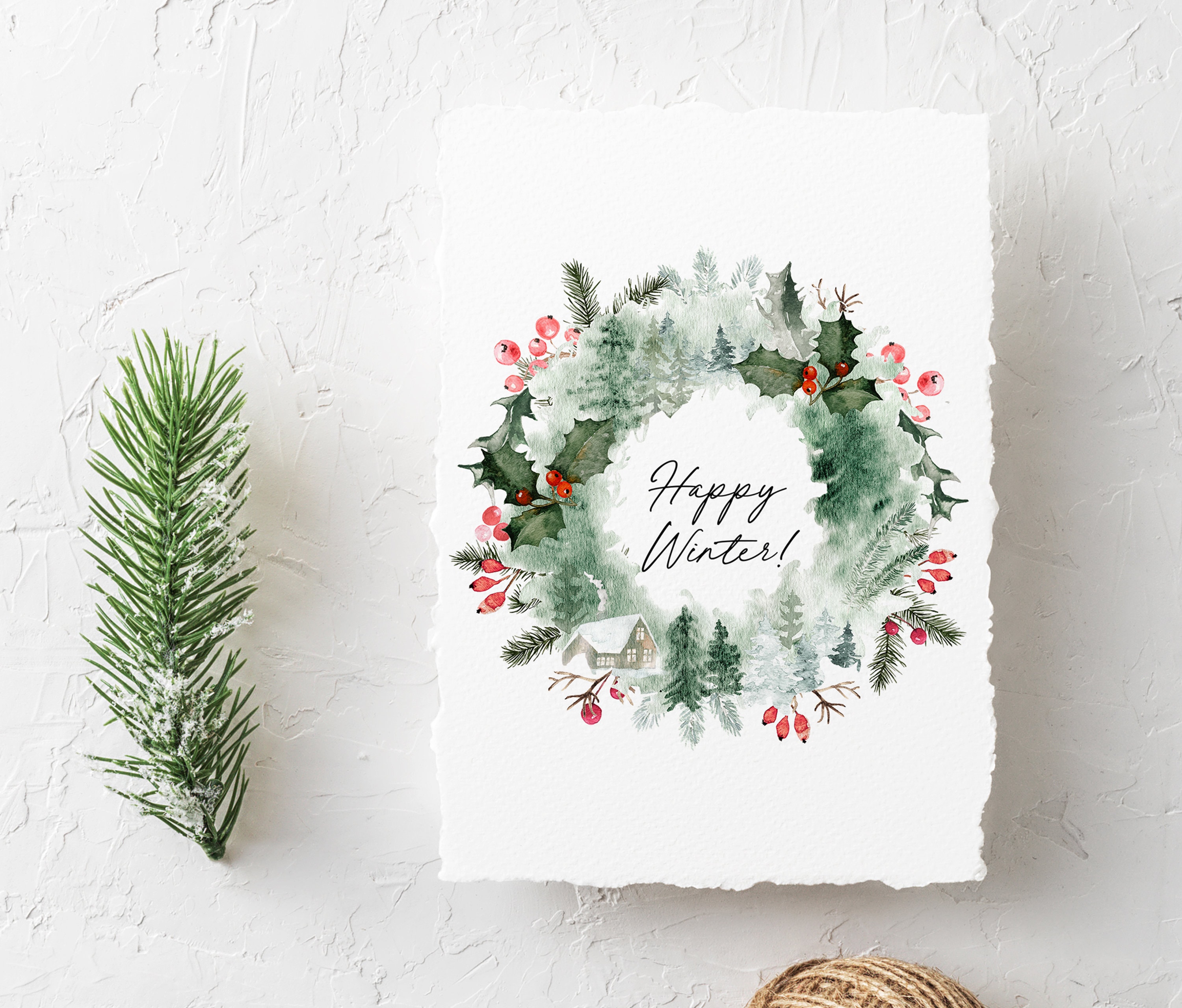 水彩画の冬のリースのクリップアート - 手描きのクリスマスデザイン