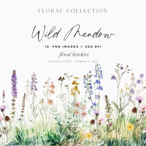 Bordures florales aquarelles, clipart fleurs sauvages, bordures de fleurs et d'herbes des prés, champs d'herbe aquarelle, clipart mariage, clipart été