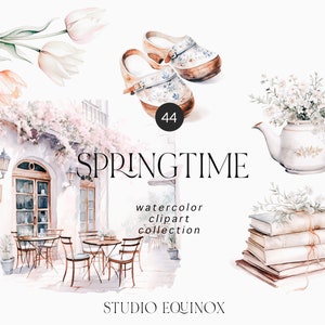 Aquarel lente elementen clipart, tulpen, lente tuingereedschap, stapel boeken, bloemen theepot, bloemen laarzen, vogelnest, bloemen kruiwagen