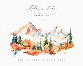 Watercolor Autumn Mountain Clipart, Pine Forest Scenes (PNG)