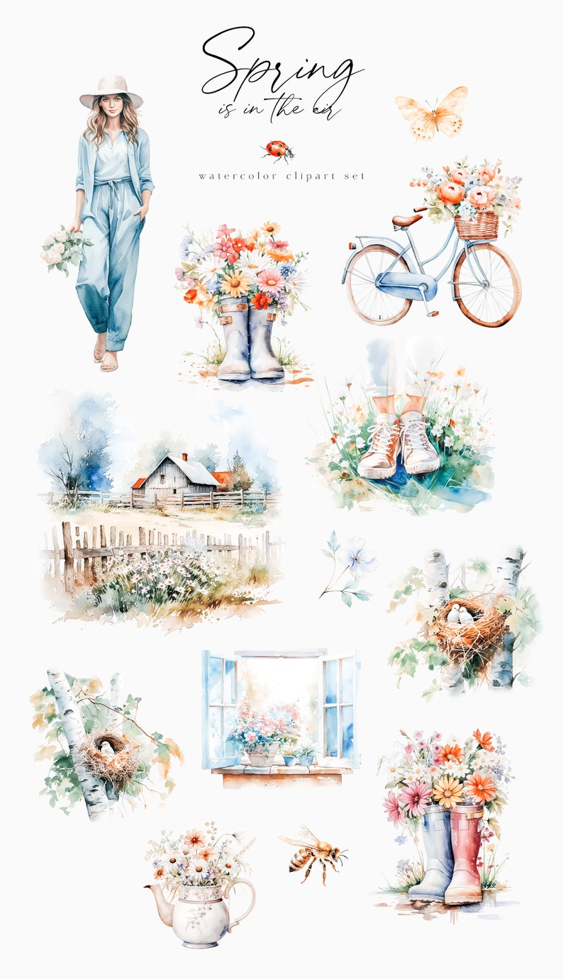 Watercolor Spring Clipart Collection, Floral Sceneries (PNG Files) - Etsy
