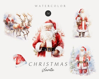 May include: Watercolor illustration of Santa Claus in various poses. One image shows Santa Claus riding in a sleigh pulled by reindeer. Another image shows Santa Claus holding a bag of gifts. A third image shows Santa Claus standing in a snowy forest. The text "WATERCOLOR" and "CHRISTMAS Santa" is included in the image.