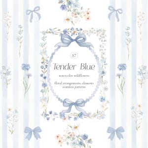May include: A watercolour floral design with the text "Tender Blue". The design features blue bows, wildflowers, and a decorative frame. The background has vertical blue and white stripes. The overall theme is delicate and feminine.