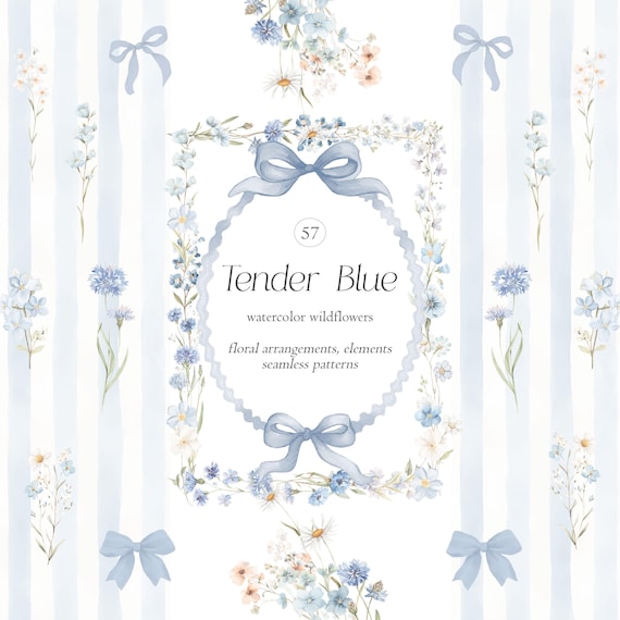 Watercolor Vintage Clipart Set: Blue Wildflowers Arrangements, Seamless Patterns, Ribbons, Lace Doilies