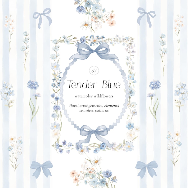 May include: Watercolor floral design with the text "Tender Blue". The design features blue bows, wildflowers, and a decorative frame. The background has vertical blue and white stripes. The overall theme is delicate and feminine.