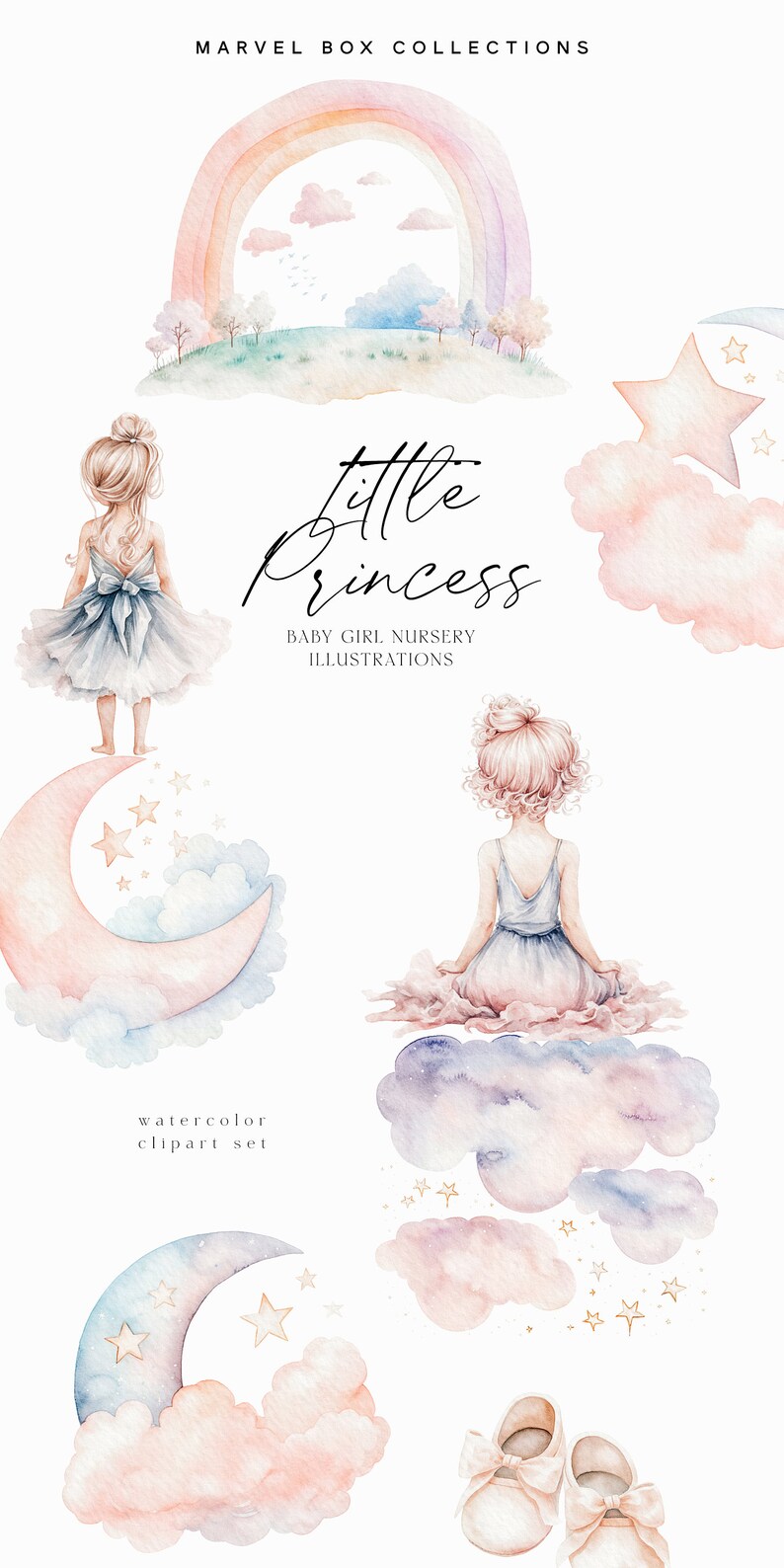 Watercolor Baby Girl Clipart, Princess Nursery Illustrations (PNG) - Etsy