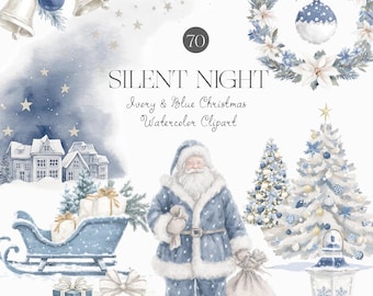 May include: Watercolor clipart featuring a Christmas theme with ivory and blue elements. The image includes a Santa Claus figure, Christmas trees, a sleigh, gifts, bells, a wreath, and the text "SILENT NIGHT".