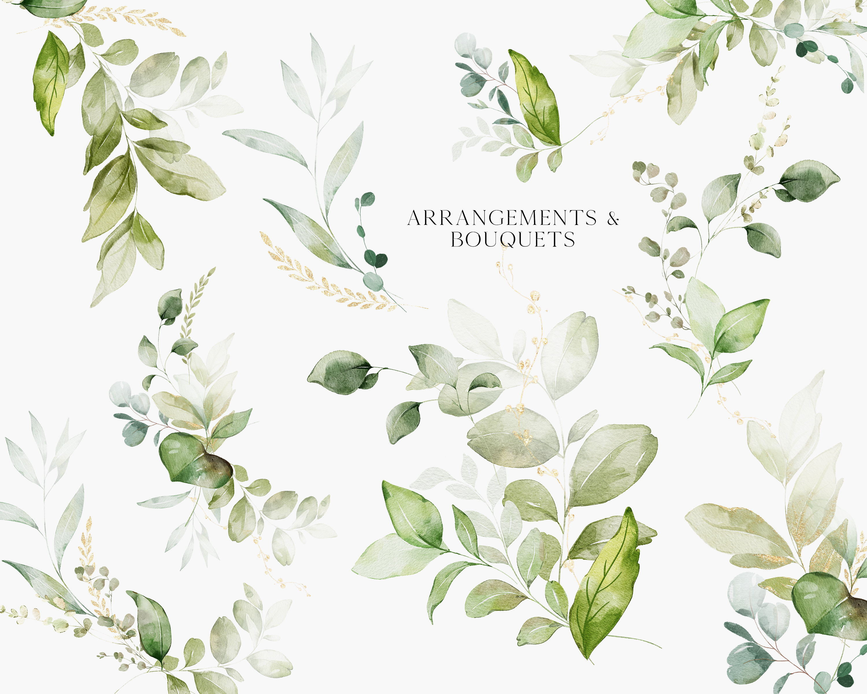 Watercolor Greenery Clipart – Foliage Bouquets, Wedding Designs (PNG ...