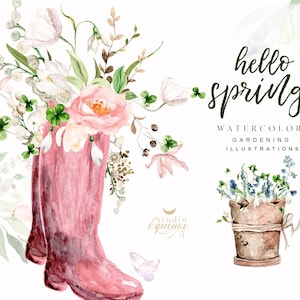 Hello Spring, Watercolor Garden Compositions, Gardening Essentials, Watercolor Garden Tools, Flower Pot Clipart, Spring Flowers Arrangements