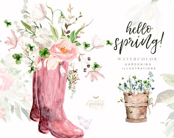 Watercolor Spring Garden Clipart, Flower Pot PNG (Digital Download)