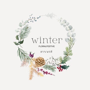 Ghirlanda invernale - Clipart acquerello - Clipart natalizia - Clipart invernale - Corona floreale - Clipart pino - Clipart verde - Clipart corona corona