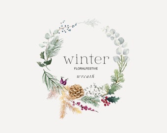 Watercolor Winter Wreath Clipart – Pine & Floral Design (PNG)