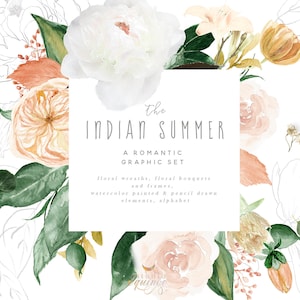 L'été indien, jeu de caractères aquarelle, clipart automne, couronne de fleurs d'automne, alphabet floral, cadre floral d'automne, bouquet, lettre dorée