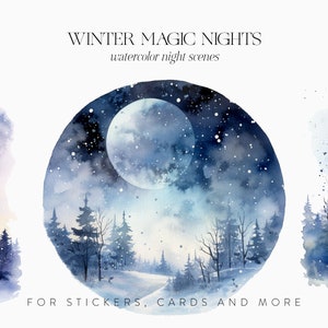 Bosque de invierno de acuarela, Escenas nocturnas de acuarela, Paisaje de bosque de invierno, Cielo estrellado de acuarela, Luna de acuarela, Paisaje de bosque nevado