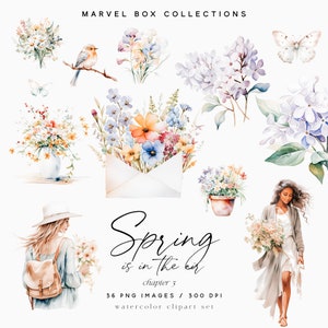 Clipart printemps aquarelle, fleurs sauvages, bouquets de printemps, lilas, clipart fille, jardin printanier, oiseaux, autocollants et cliparts scrapbooking