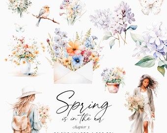 Watercolor Spring Clipart, Wildflowers, Lilac Bouquets (Digital Download)