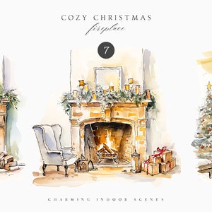 Aquarel kerst open haard clipart, wintertaferelen (PNG)