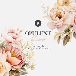 Könnte beinhalten: Eine Aquarell-Illustration eines Straußes zarter Pfirsich- und Cremefarben-Rosen mit grünen Blättern. Der Text "OPULENT blooms watercolor bouquets & frames" steht unter den Blumen. Die Zahl "9" befindet sich in einem Kreis oben rechts.