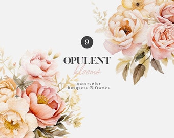 Watercolor Blush Peony Bouquet Clipart, Floral Frames (PNG)