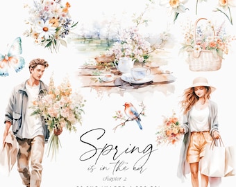 Watercolor Spring Clipart Set, Wildflowers, Bouquets (PNG Files)