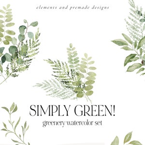 Ensemble de Clipart de verdure aquarelle, couronne de verdure, Bouquet de verdure aquarelle, cadre de verdure, Alphabet de verdure, Clipart feuillage, numérique