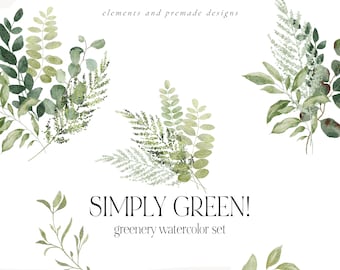 Watercolor Greenery Clipart Set, Greenery Wreath, Watercolor Greenery Bouquet, Greenery Frame, Greenery Alphabet, Foliage Clipart, Digital
