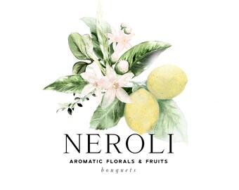 Watercolor Neroli Flower Bouquets, Lemon Fruit (PNG files)