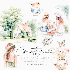 Aquarell Landschaft Sommer Clipart, Cottagecore, Gartenszenen, Picknick, Tee-Party, Wildblumen, Bücher, Landhaus, Aufkleber Clipart