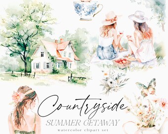 Watercolor Countryside Clipart, Cottagecore Summer Scenes (PNG)