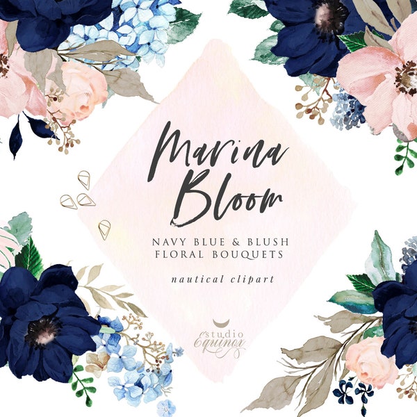 Marina Bloom, Navy Blush Watercolor Floral Bouquets Clipart, Navy Blue Peony, Anemone, Blush Rose, Thistle, Blue Hydrangea, Nautical Clipart