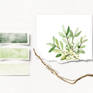 May include: Watercolor painting of a green leafy branch with white flowers and green berries. The painting is on a white background with torn edges. There are three watercolor swatches in the image: dark green, light green, and cream.