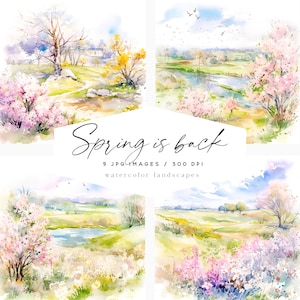 Aquarell Frühling Landschaften Clipart, Aquarell Landschaften, Scrapbooking, Frühling Clipart, Frühlingsszenen