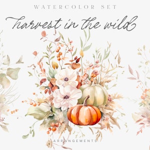 Acuarela Otoño Clipart - Calabaza Clipart - Flores de Otoño - Hojas de Otoño - Otoño Clipart - Colección - Otoño - Dalia - Calabaza