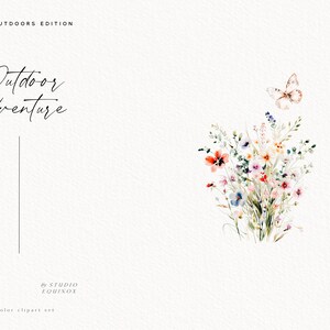 K&ouml;nnte beinhalten: Aquarell-Clipart-Set mit einem Strau&szlig; Wildblumen in Rosa-, Blau-, Gelb- und Oranget&ouml;nen. Ein Schmetterling fliegt &uuml;ber den Blumen. Der Text "Outdoor adventure" ist oben im Bild in Kursivschrift geschrieben.