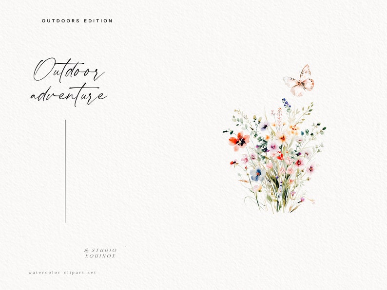 K&ouml;nnte beinhalten: Aquarell-Clipart-Set mit einem Strau&szlig; Wildblumen in Rosa-, Blau-, Gelb- und Oranget&ouml;nen. Ein Schmetterling fliegt &uuml;ber den Blumen. Der Text "Outdoor adventure" ist oben im Bild in Kursivschrift geschrieben.