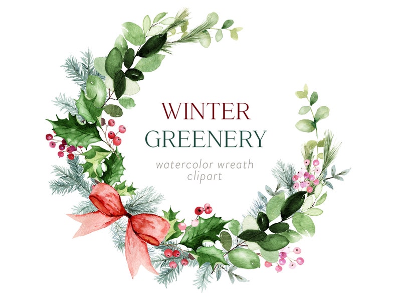 Winter Greenery Single Watercolour Wreath Clipart Winter image 1.