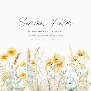 Clipart floral em aquarela, elementos florais selvagens, bordas de flores silvestres, flores silvestres de verão, flores silvestres de prado, clipart de casamento